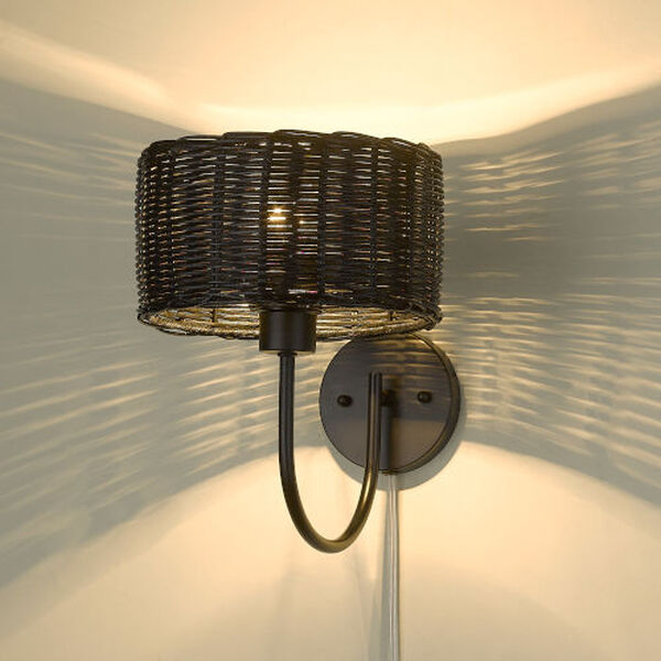 Erma Matte Black One-Light Wall Sconce with Wicker Shade, image 3